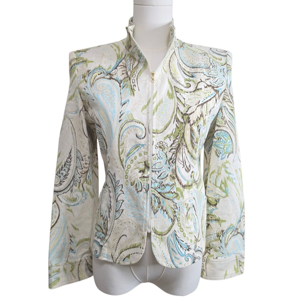 St John Sport Vintage Stretch Paisley Embellished Knit Zip Jacket USA Size P